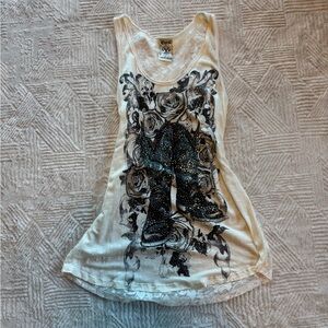 Vocal Cowboy Boot Rhinestone Lace Back Tank Top Cream Western Boho Rose Large